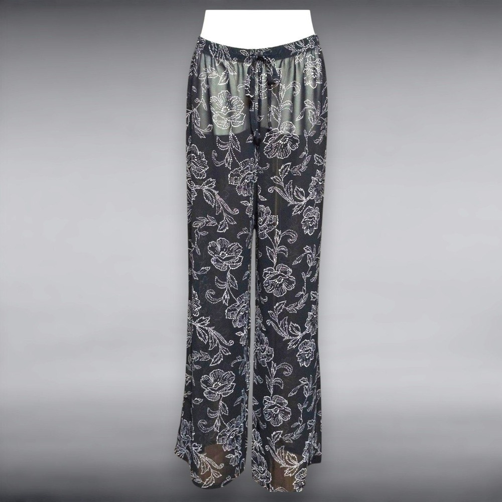 Jantzen Women Black Sheer Floral Beach Cover Up Pants Small Wide Leg‎ Drawstring